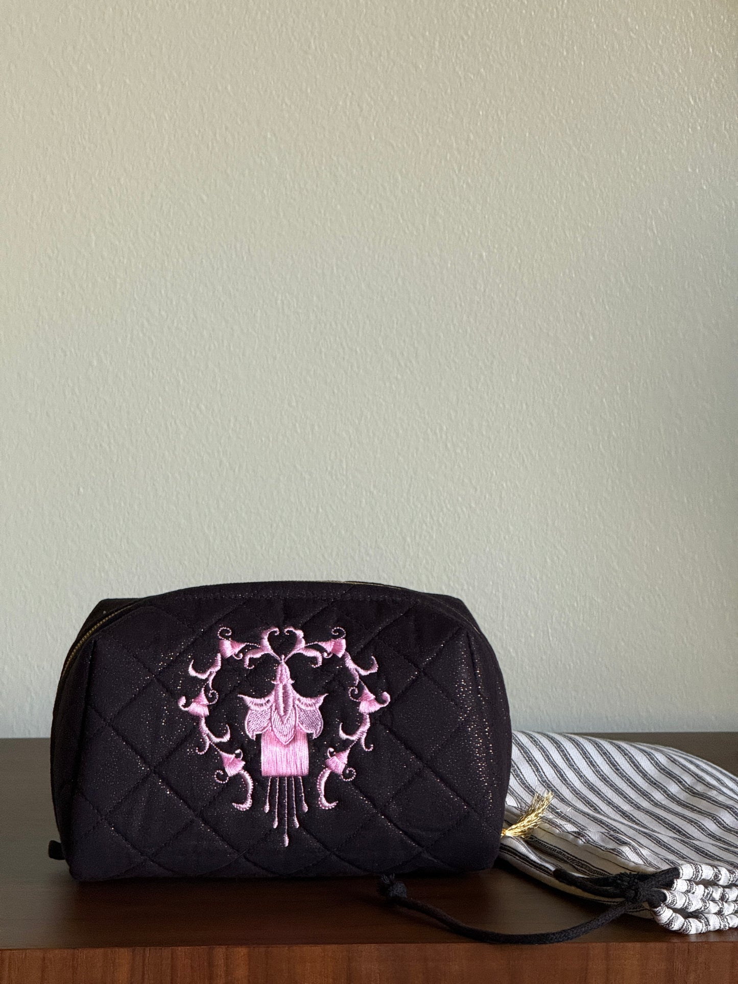 Black Pouch with Pink Embroidery Medium