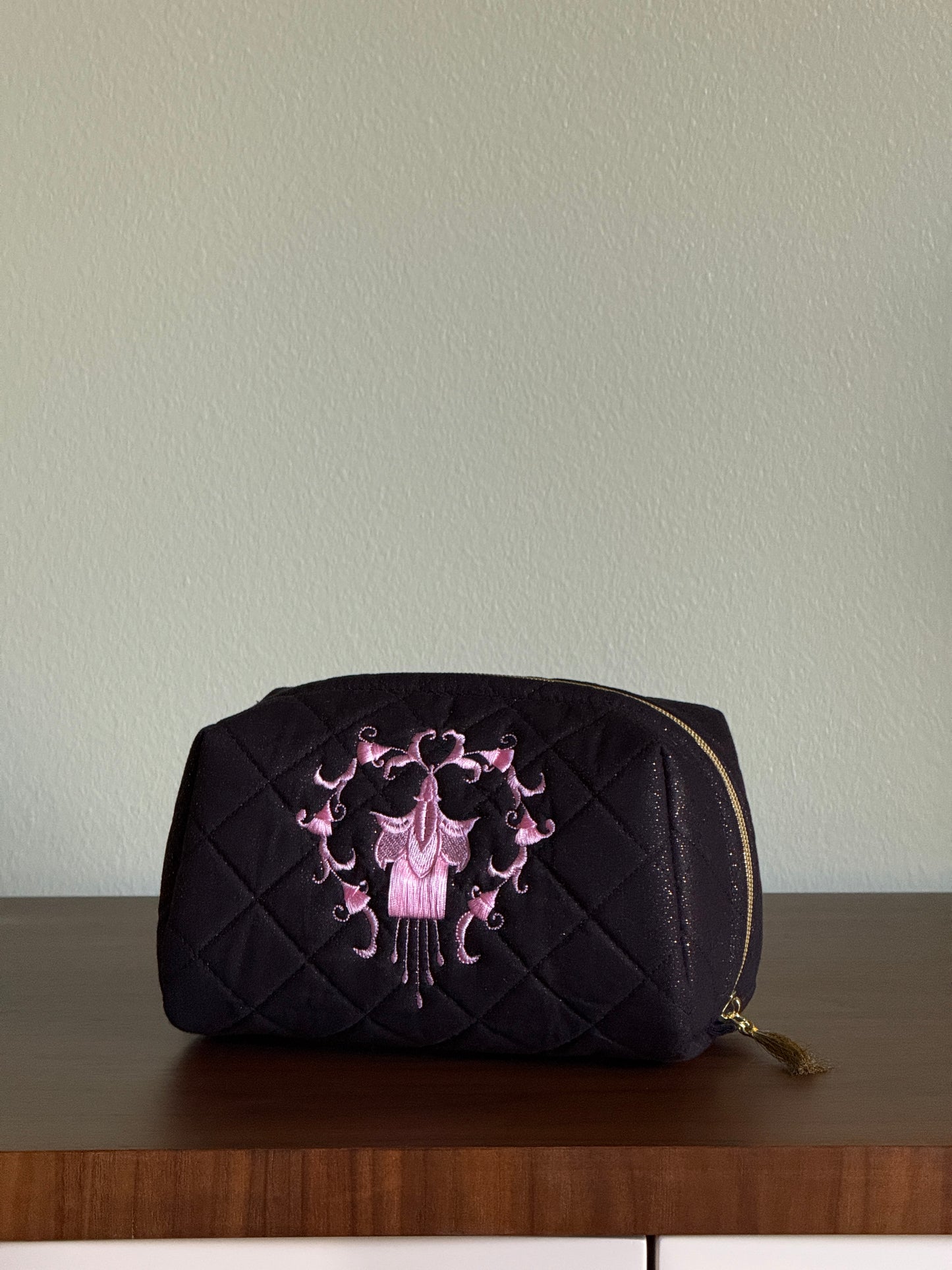 Black Pouch with Pink Embroidery Medium