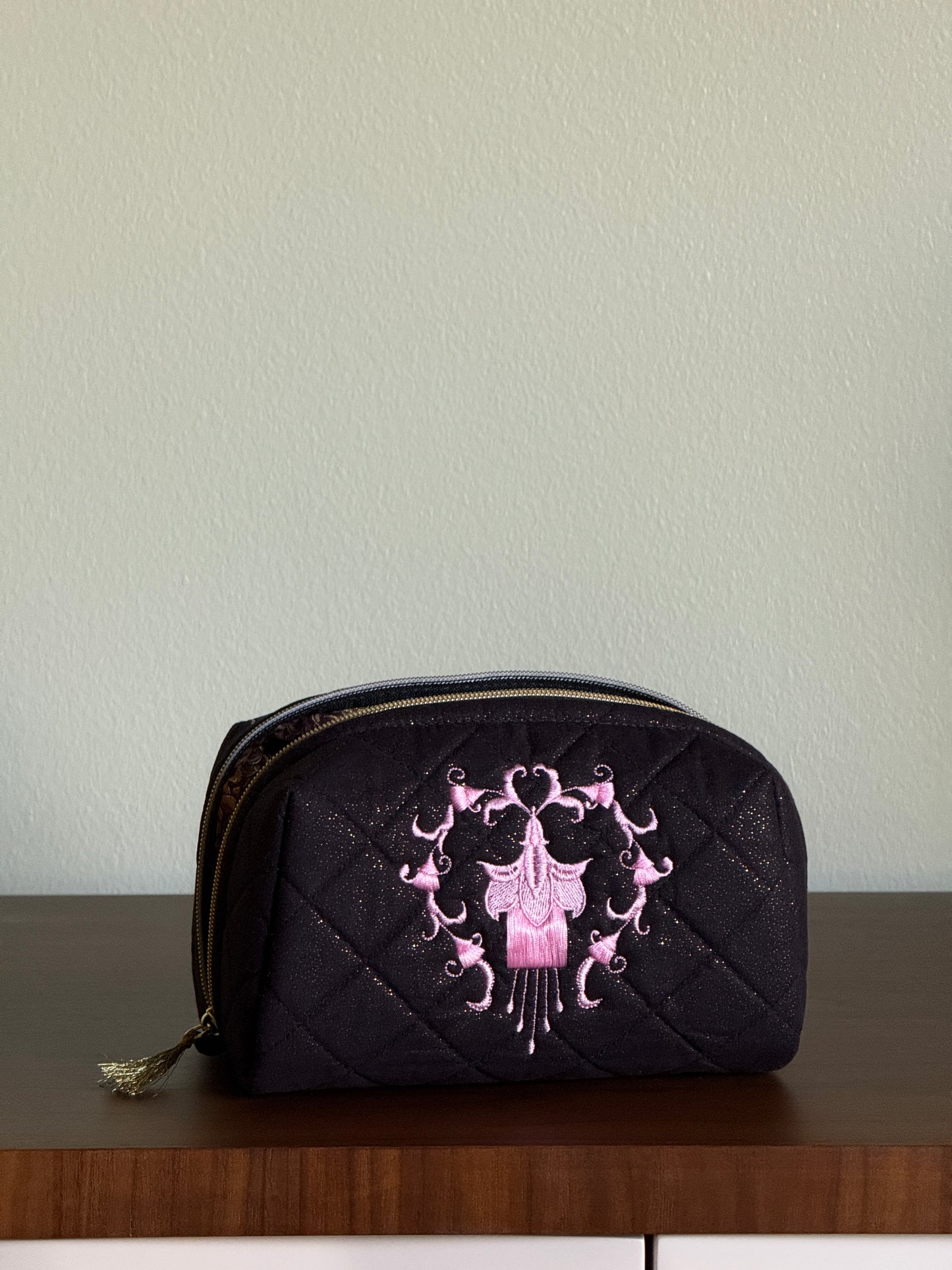 Black Pouch with Pink Embroidery Medium