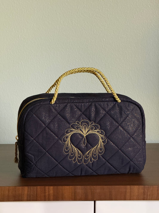 Black Quilted Bag with Gold Heart Embroidery