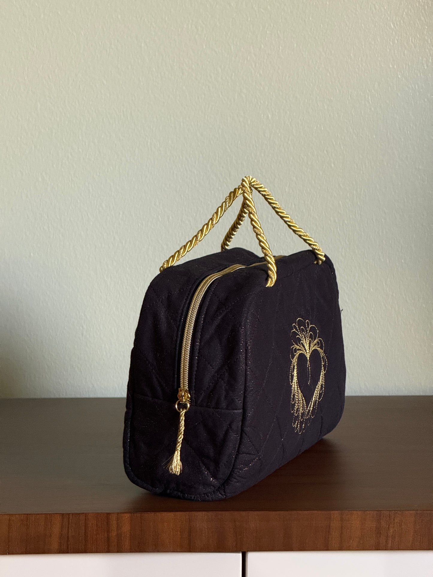 Black Quilted Bag with Gold Heart Embroidery