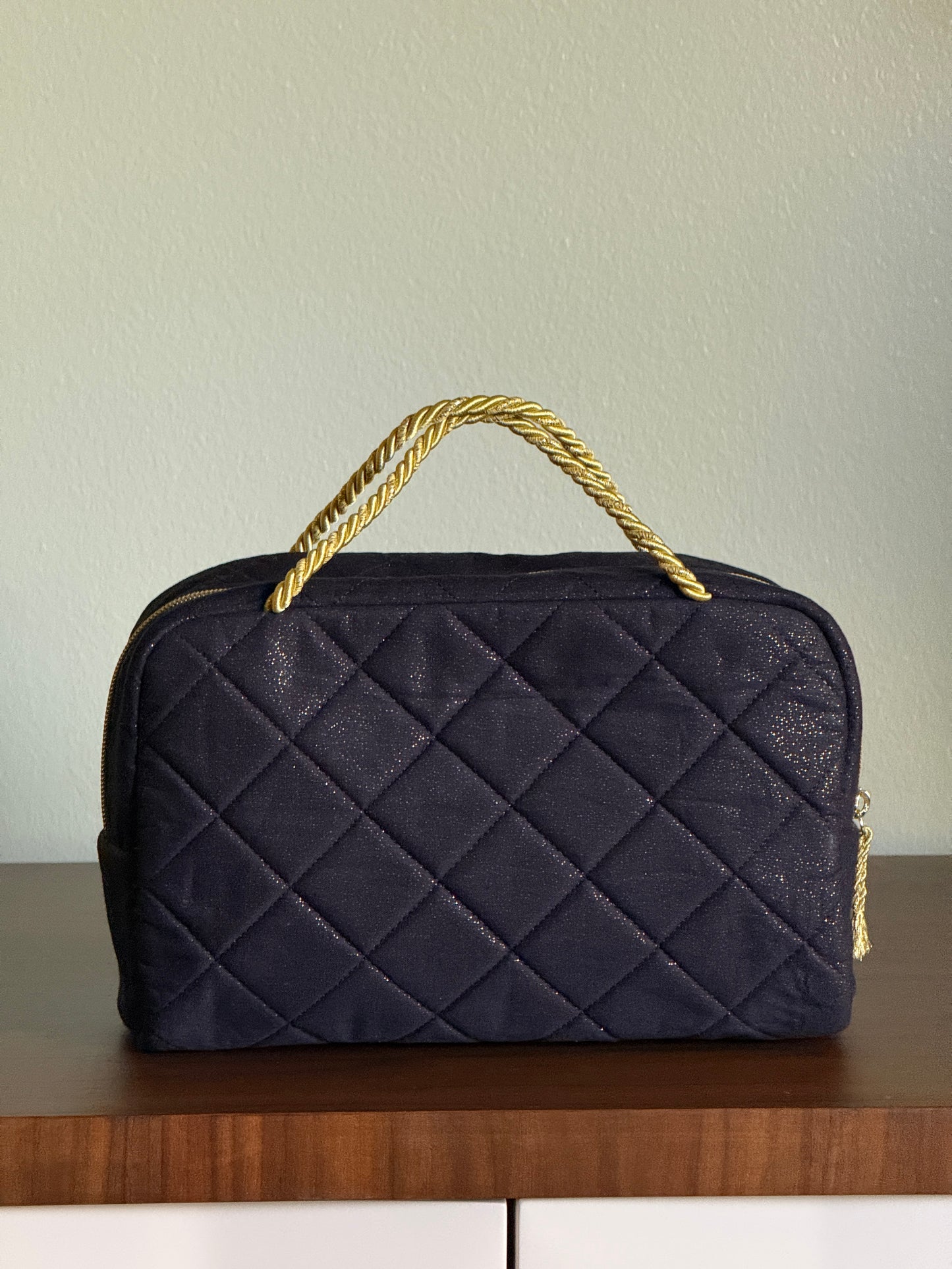 Black Quilted Bag with Gold Heart Embroidery
