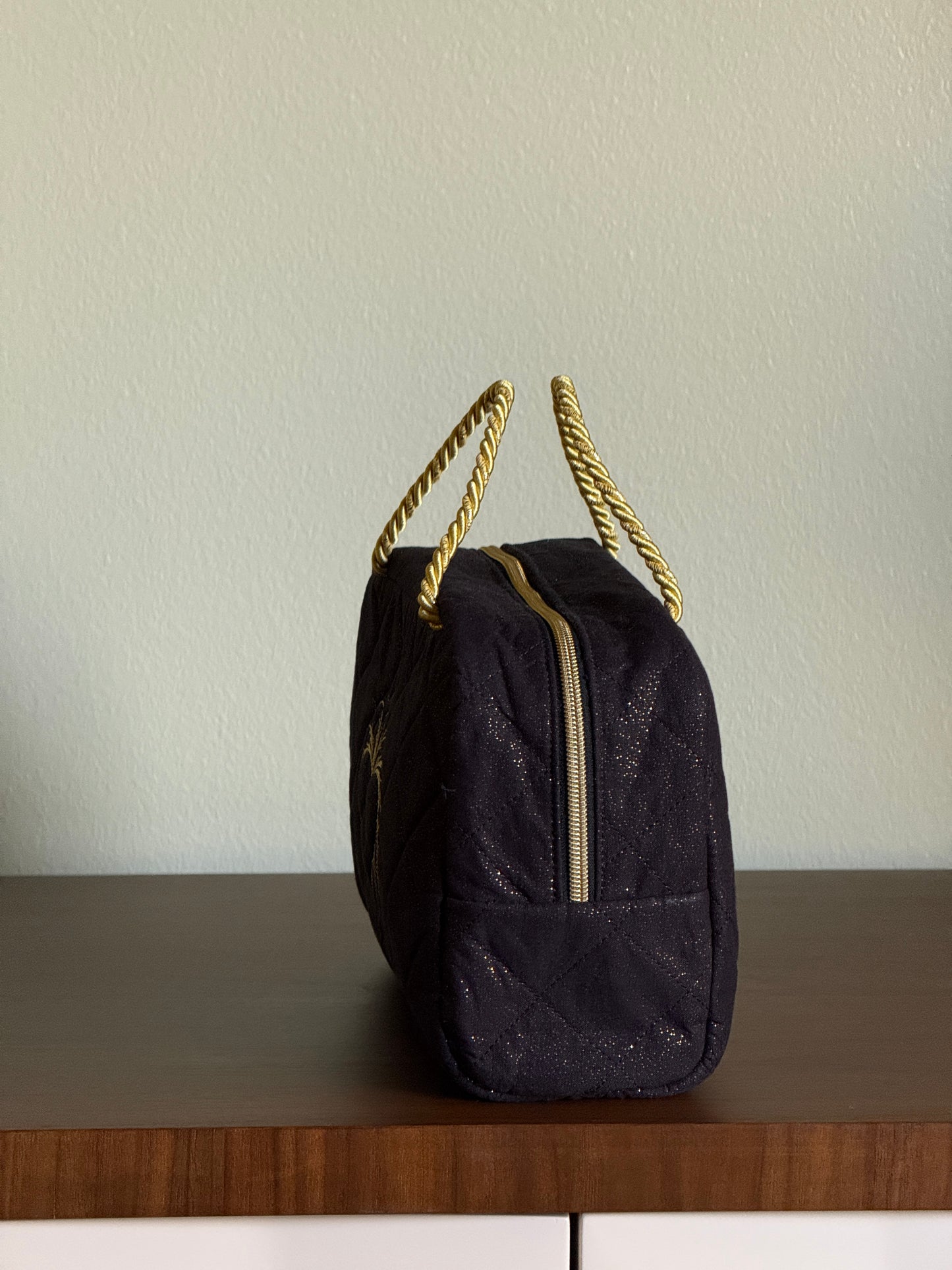Black Quilted Bag with Gold Heart Embroidery
