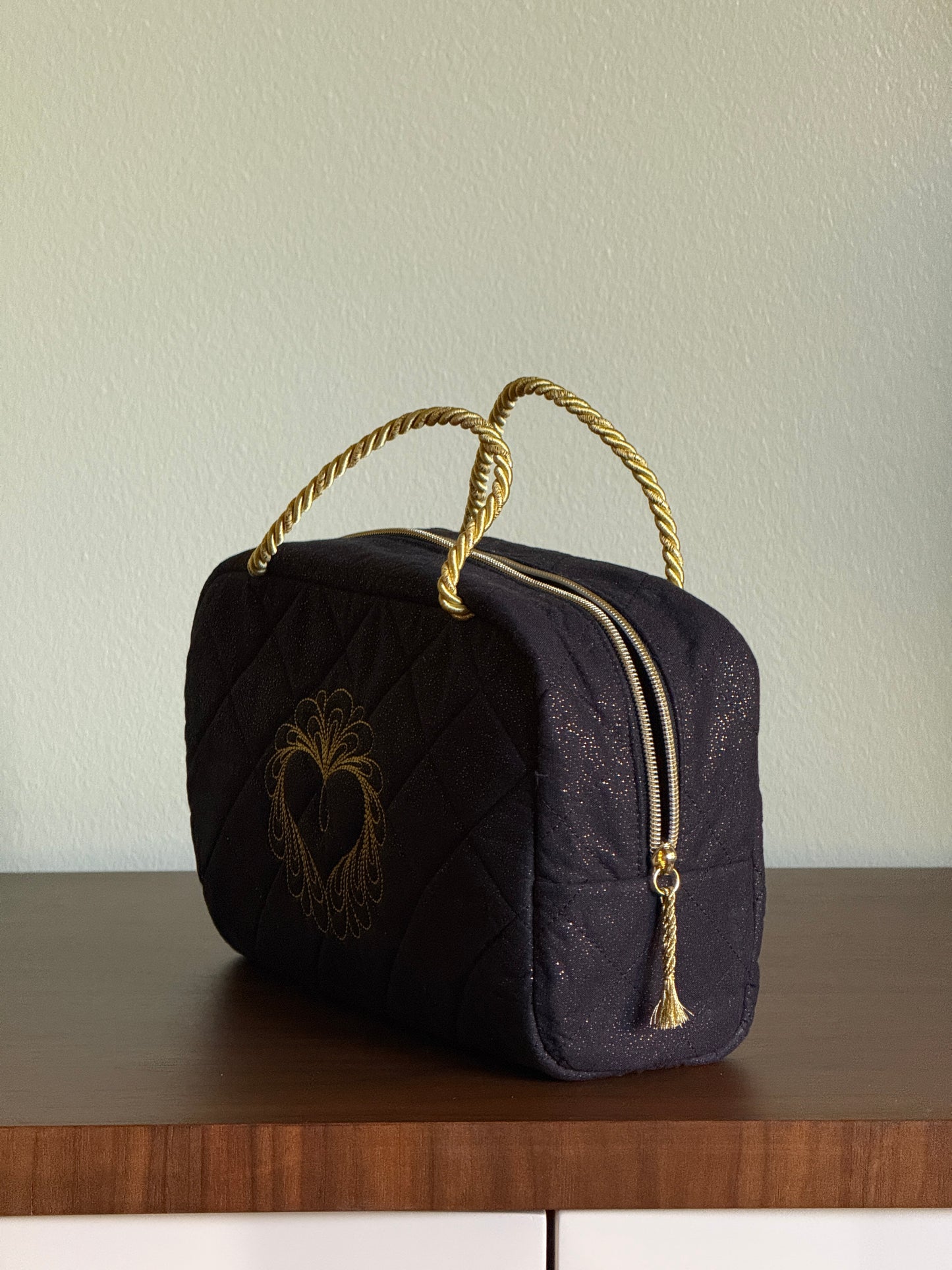 Black Quilted Bag with Gold Heart Embroidery