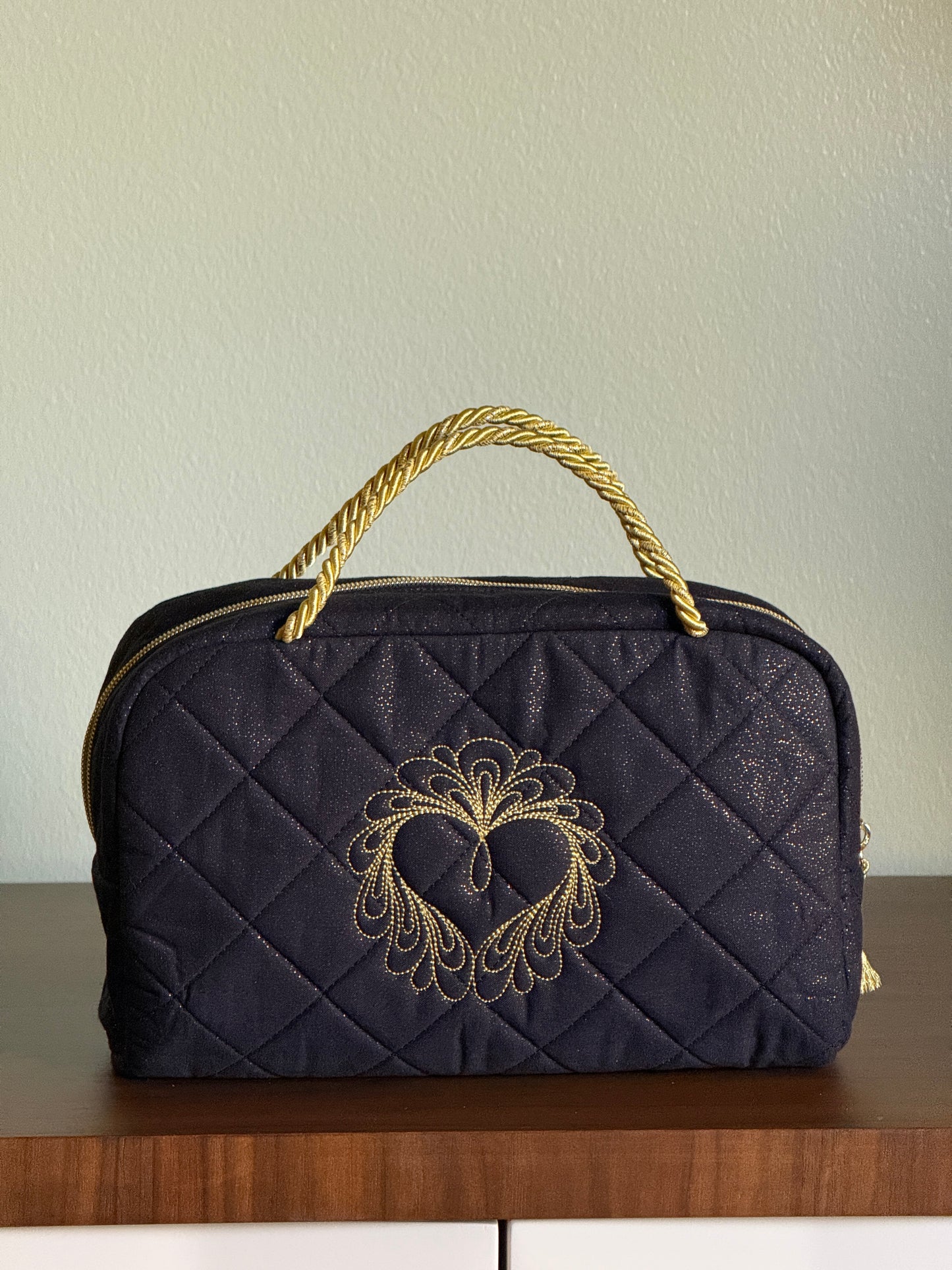 Black Quilted Bag with Gold Heart Embroidery