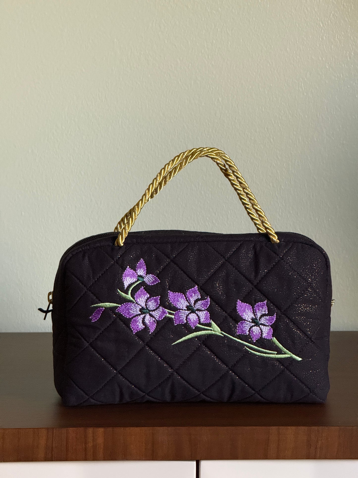 Black Quilted Bag with Purple Flower Branch Embroidery