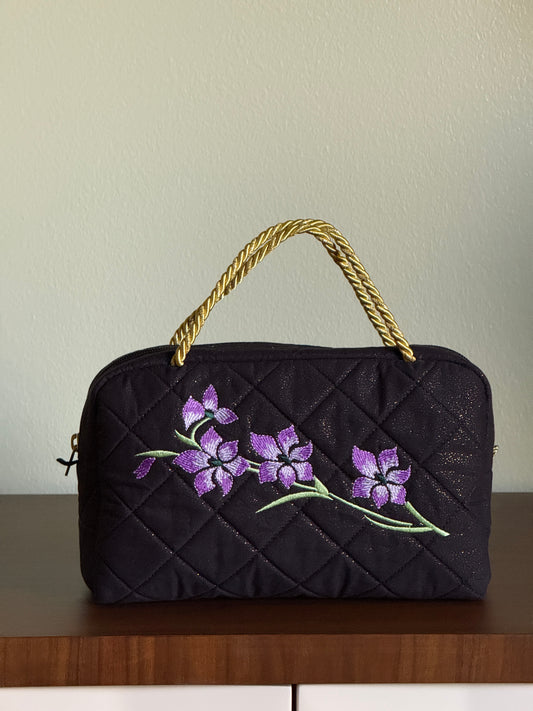 Black Quilted Bag with Purple Flower Branch Embroidery