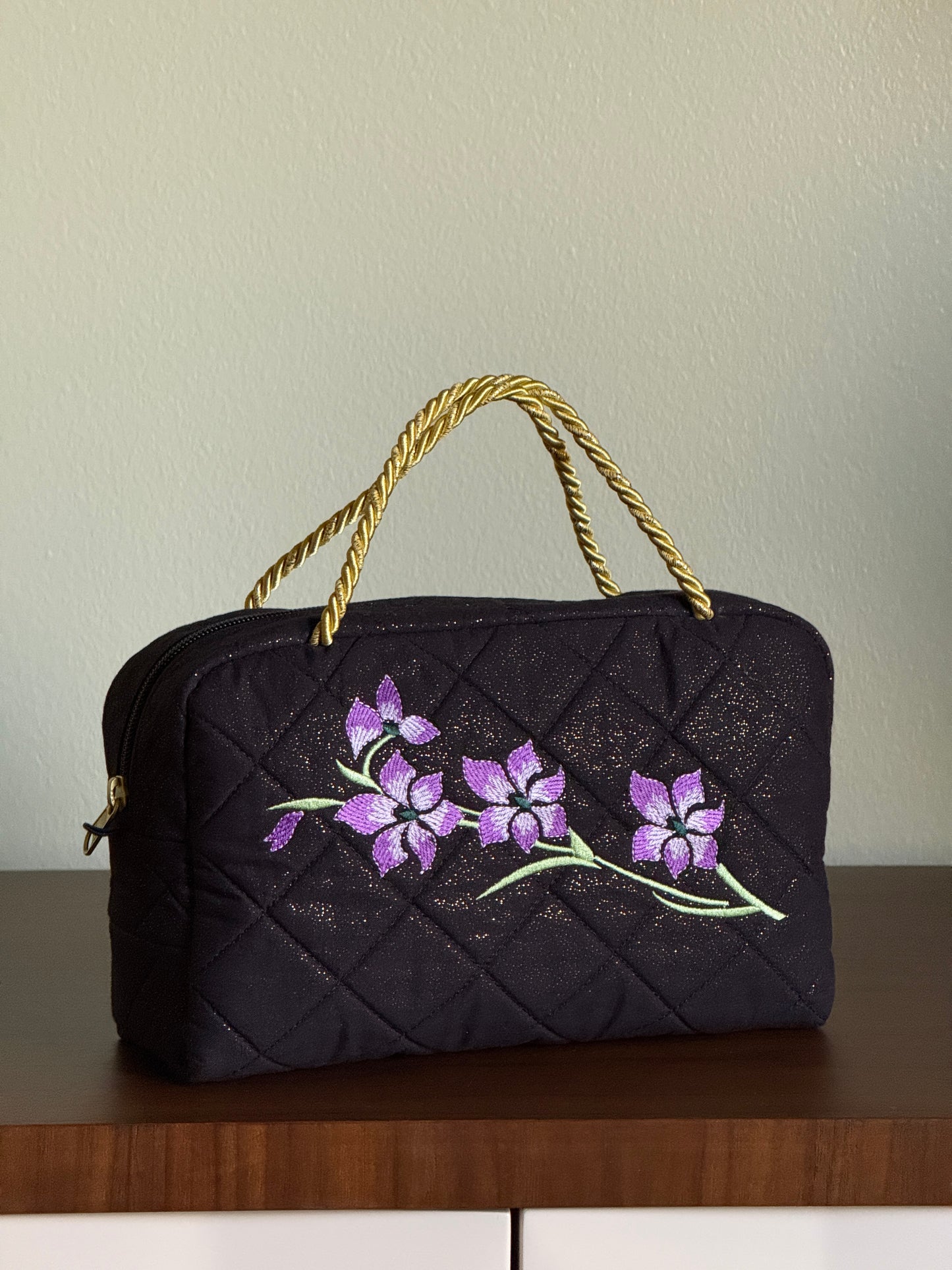 Black Quilted Bag with Purple Flower Branch Embroidery