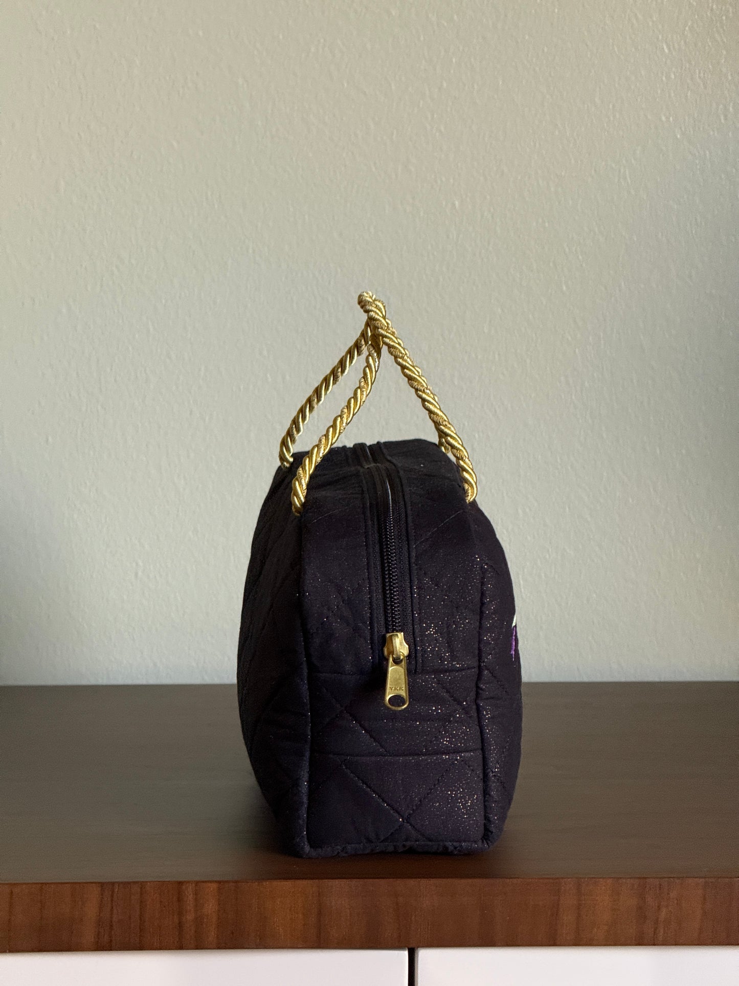 Black Quilted Bag with Purple Flower Branch Embroidery
