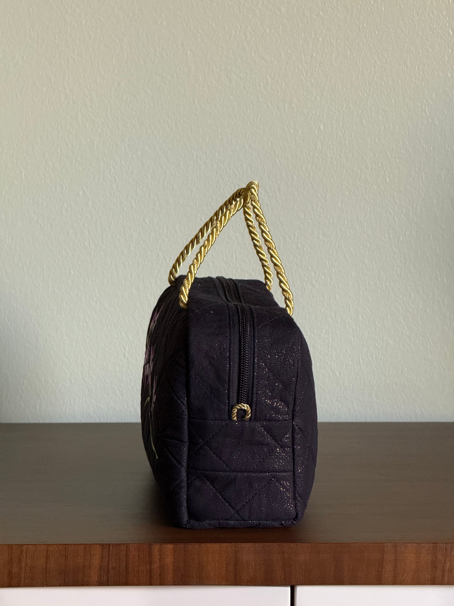 Black Quilted Bag with Purple Flower Branch Embroidery