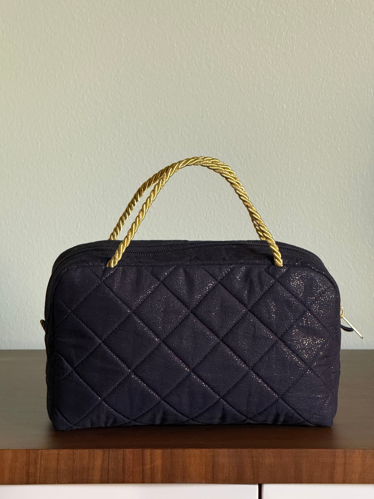 Black Quilted Bag with Purple Flower Branch Embroidery