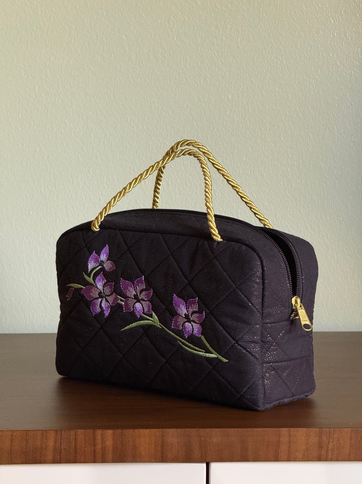 Black Quilted Bag with Purple Flower Branch Embroidery