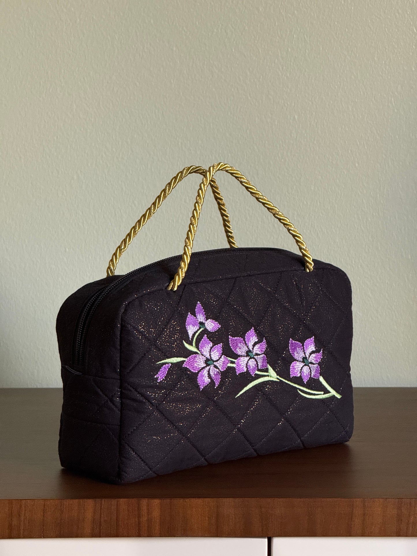 Black Quilted Bag with Purple Flower Branch Embroidery