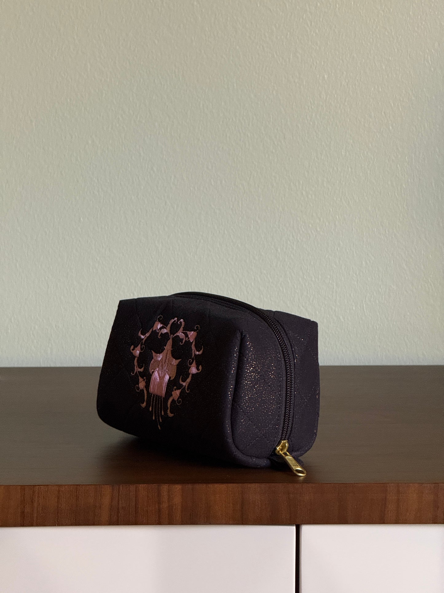 Black Pouch with Pink Embroidery Small