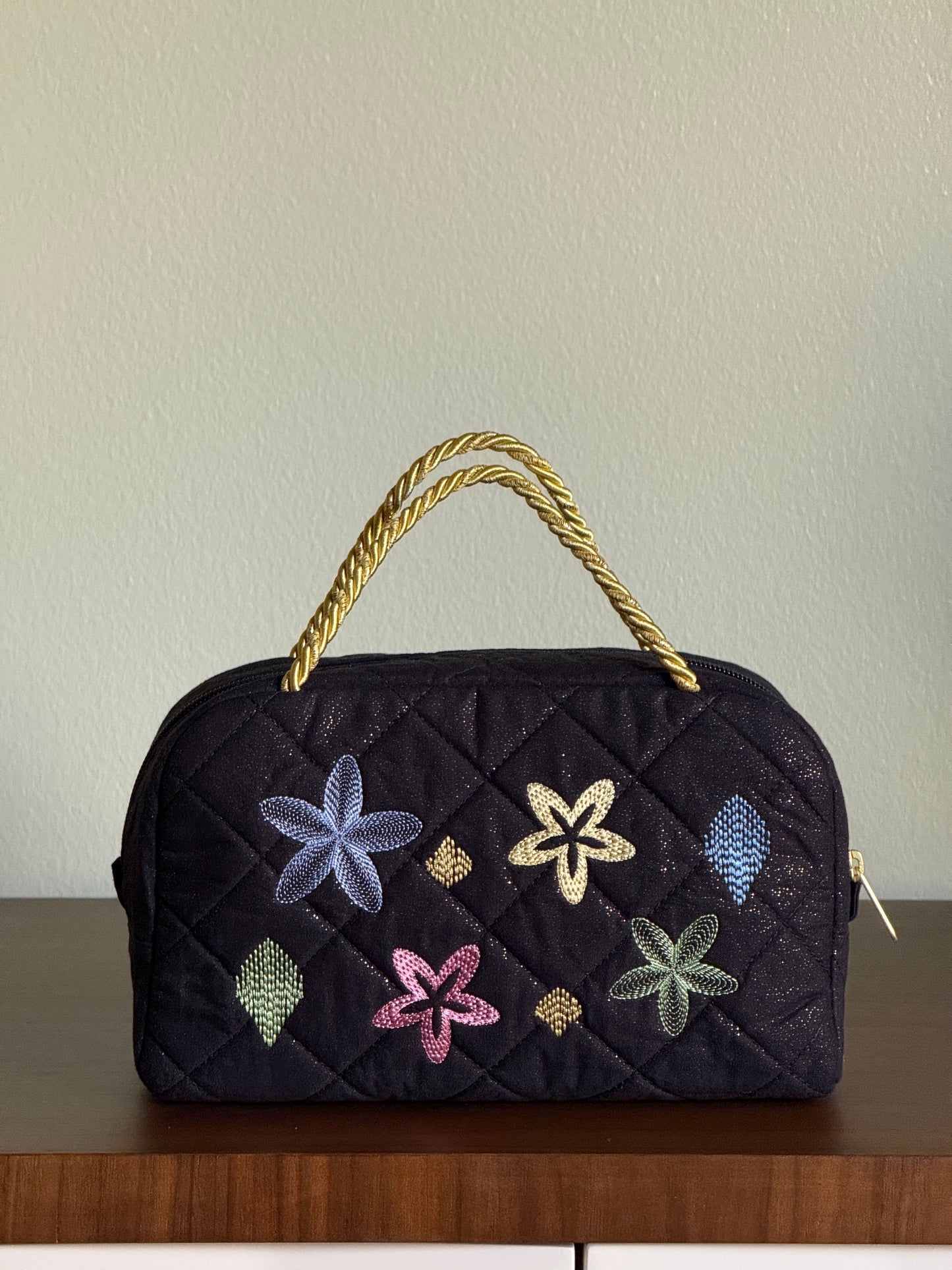 Black Quilted Bag with Multicolor Star Flower Embroidery