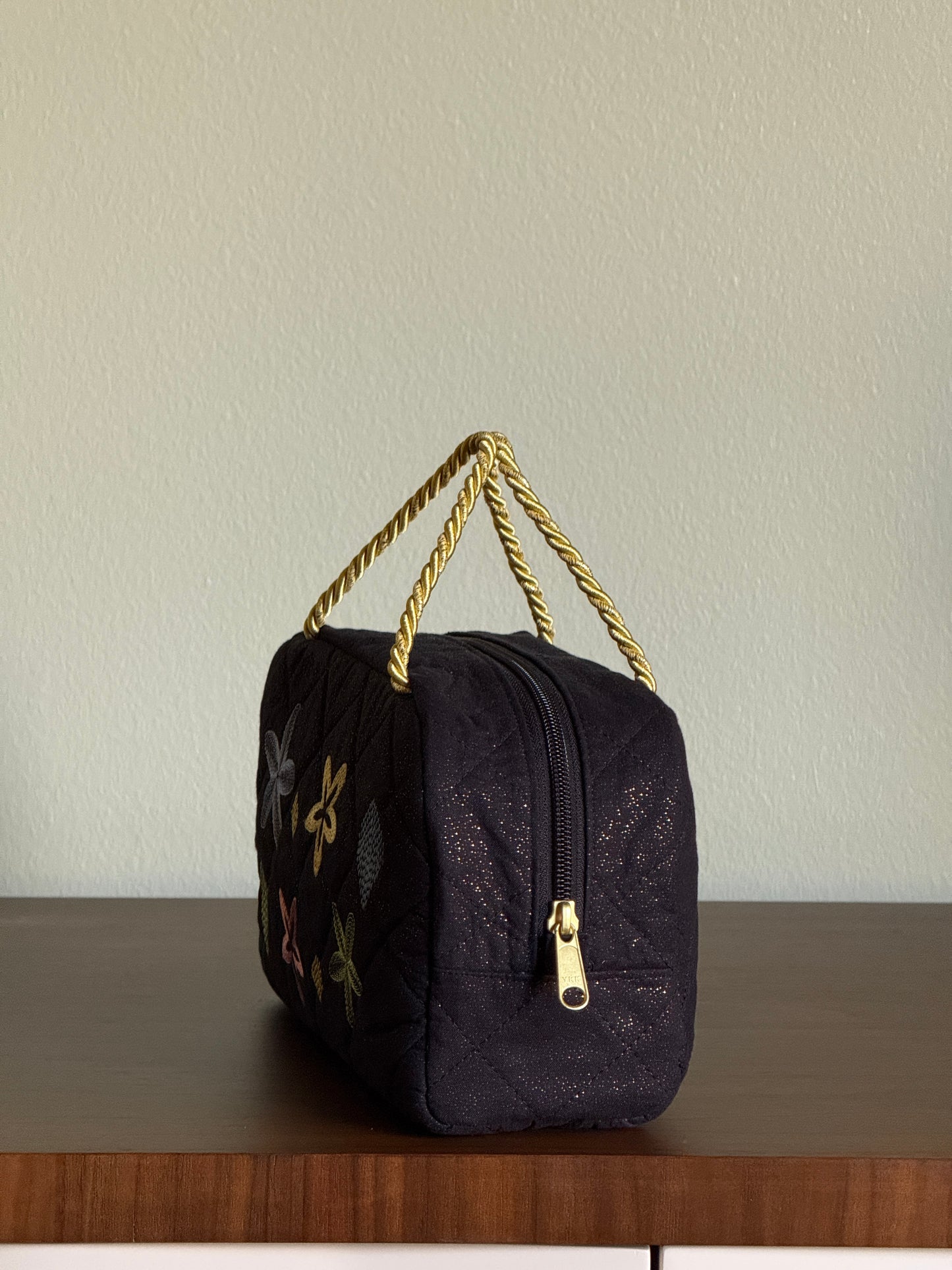 Black Quilted Bag with Multicolor Star Flower Embroidery
