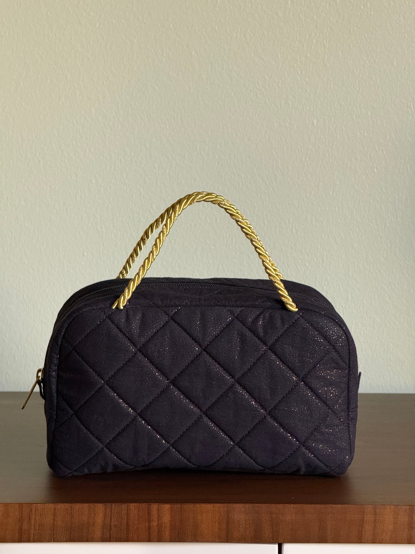 Black Quilted Bag with Multicolor Star Flower Embroidery