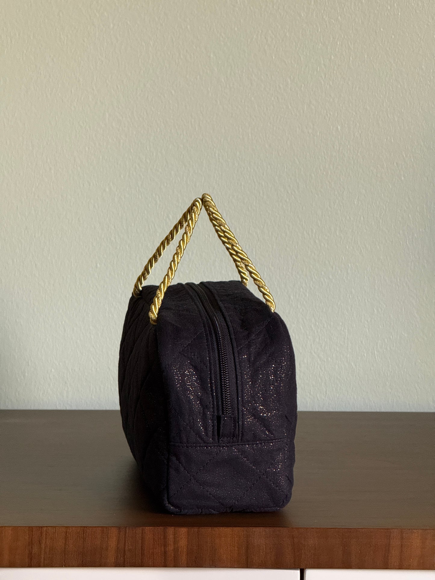Black Quilted Bag with Multicolor Star Flower Embroidery