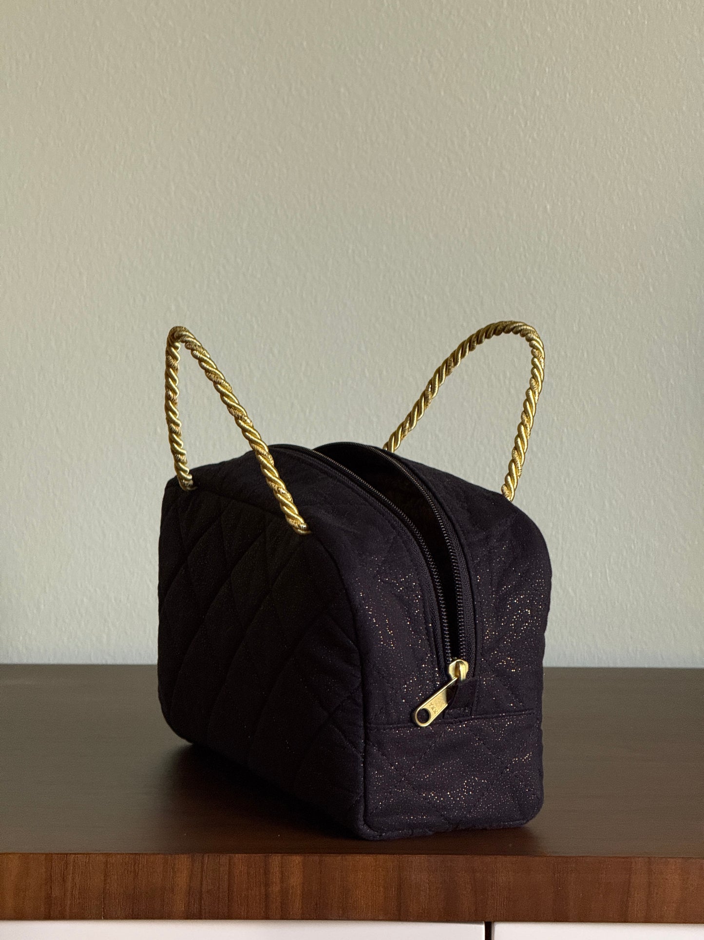 Black Quilted Bag with Multicolor Star Flower Embroidery
