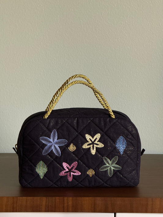 Black Quilted Bag with Multicolor Star Flower Embroidery