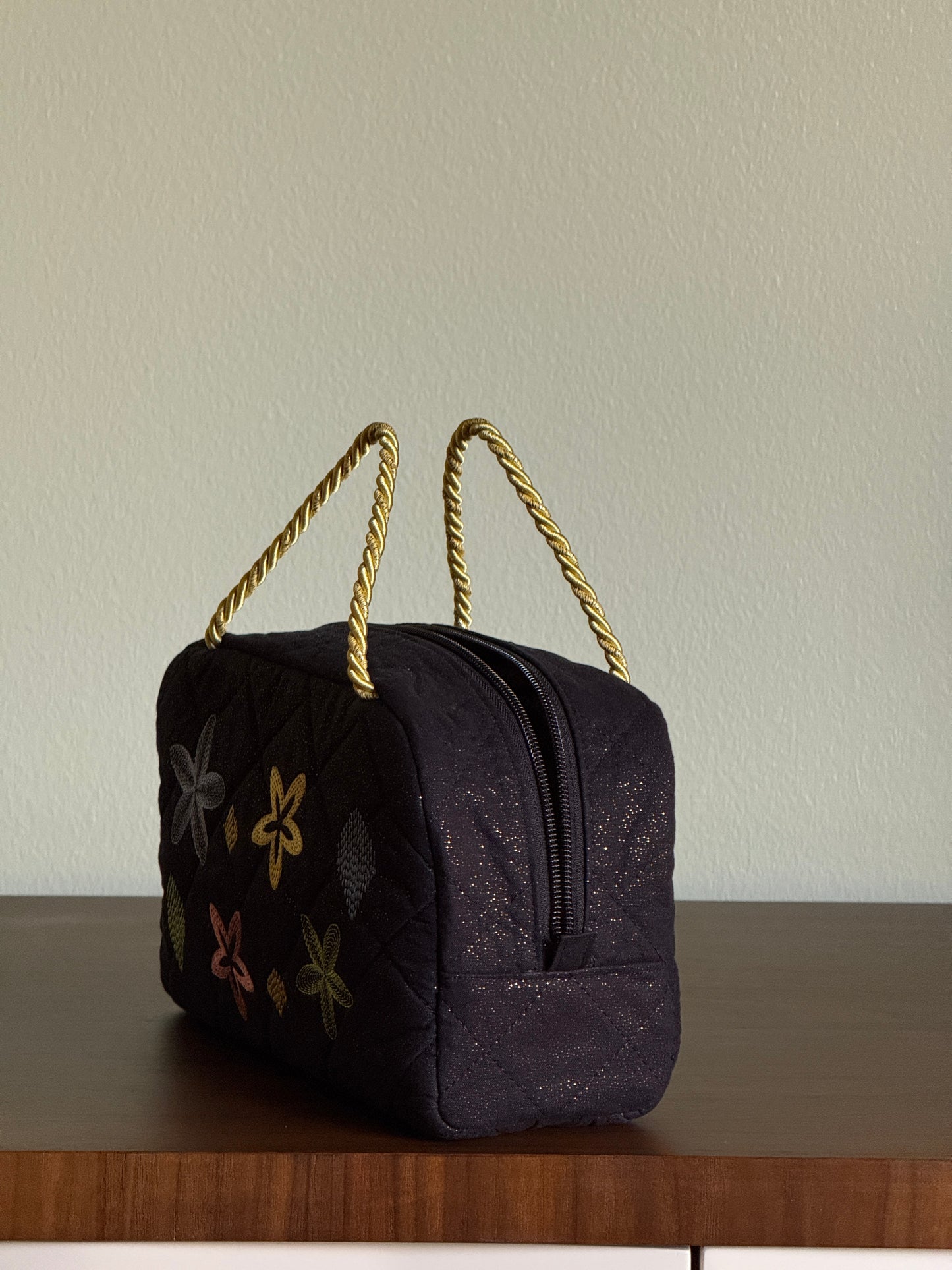 Black Quilted Bag with Multicolor Star Flower Embroidery
