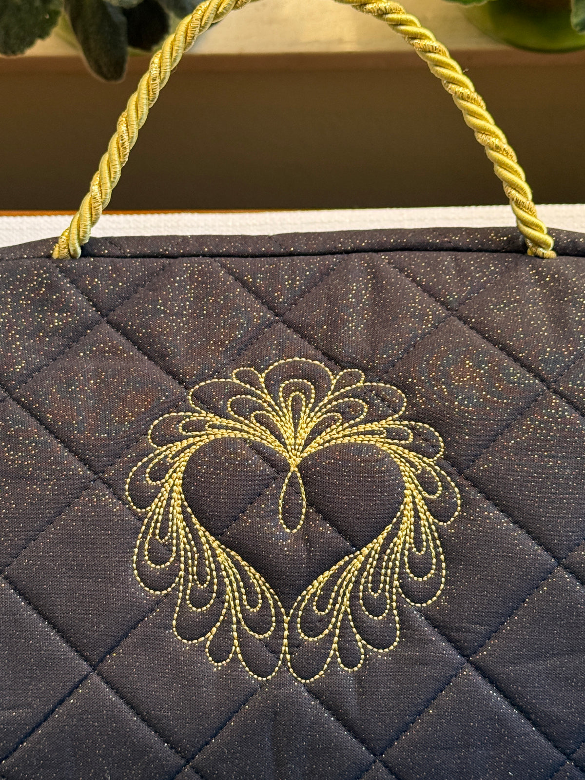 Black Quilted Bag with Gold Heart Embroidery