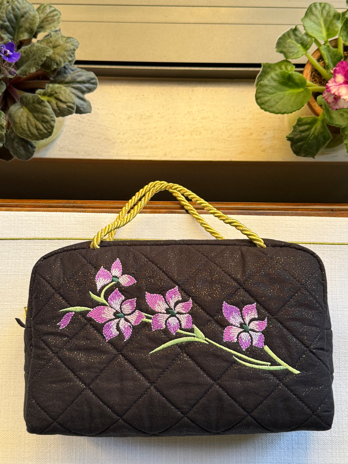 Black Quilted Bag with Purple Flower Branch Embroidery