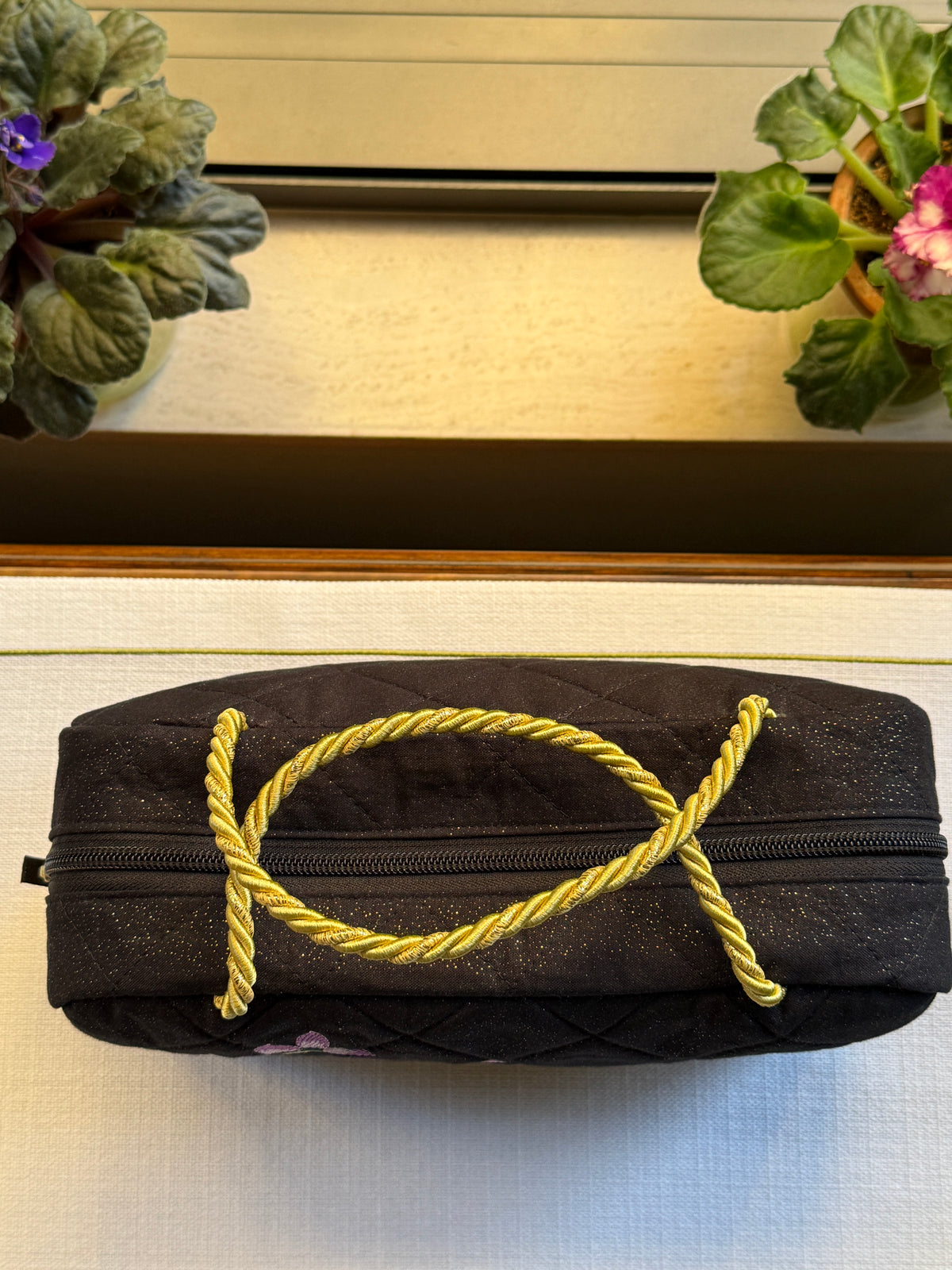 Black Quilted Bag with Purple Flower Branch Embroidery
