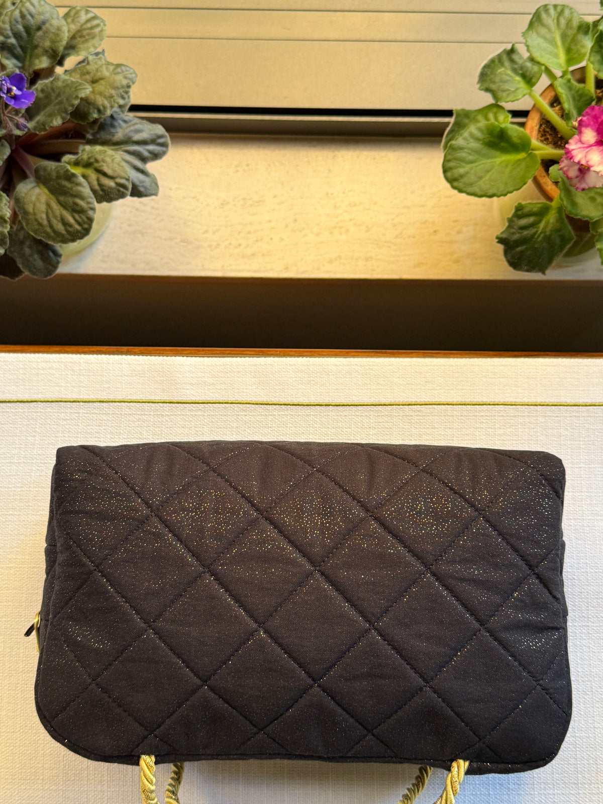 Black Quilted Bag with Purple Flower Branch Embroidery