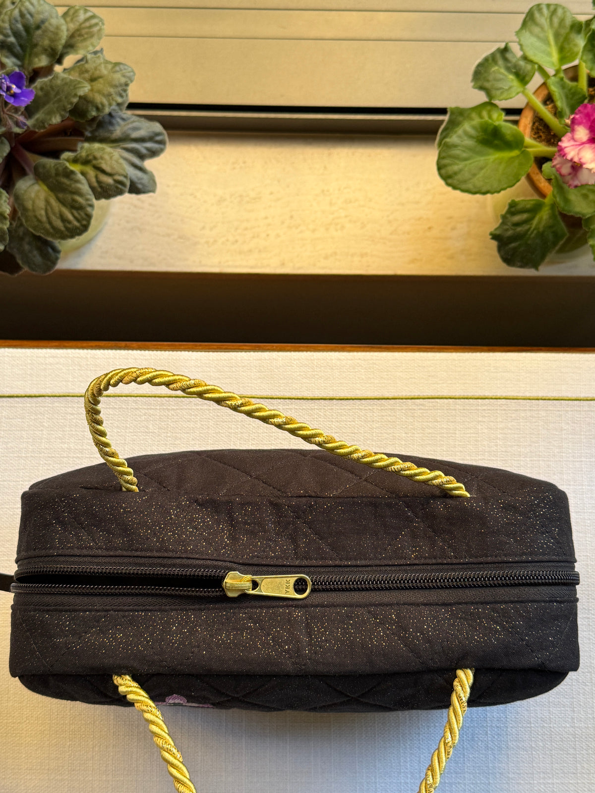 Black Quilted Bag with Purple Flower Branch Embroidery