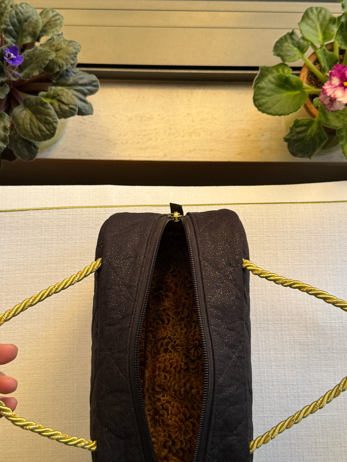 Black Quilted Bag with Multicolor Star Flower Embroidery