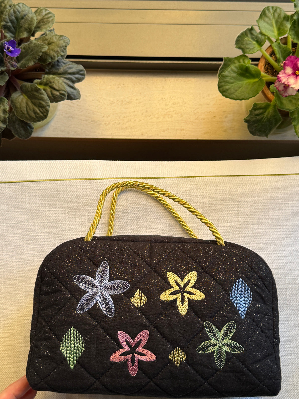 Black Quilted Bag with Multicolor Star Flower Embroidery