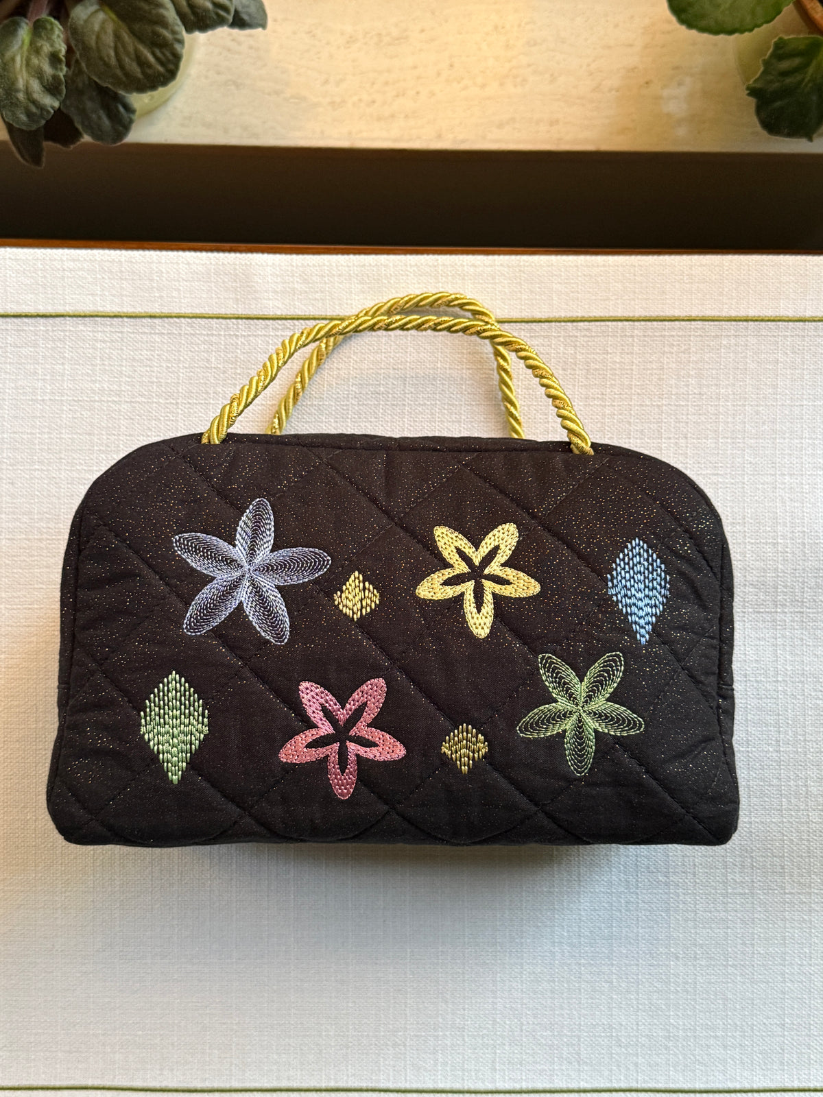 Black Quilted Bag with Multicolor Star Flower Embroidery
