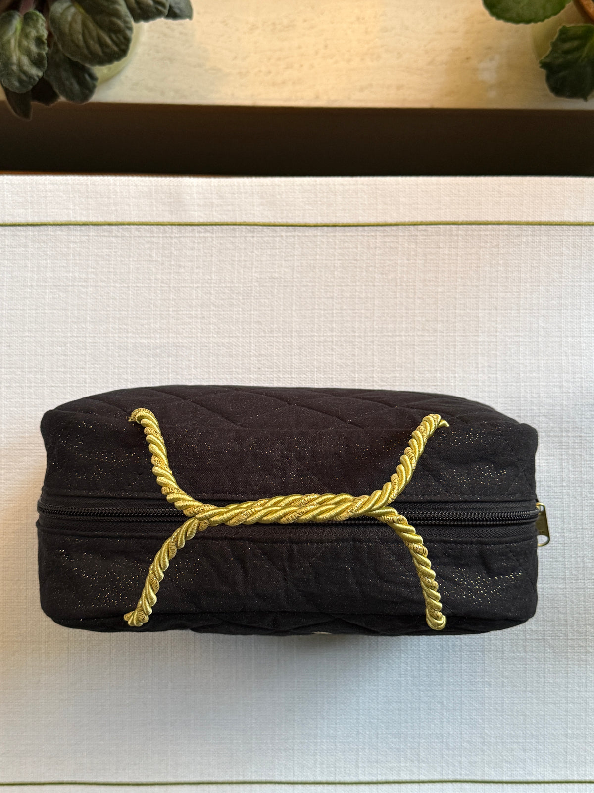 Black Quilted Bag with Multicolor Star Flower Embroidery